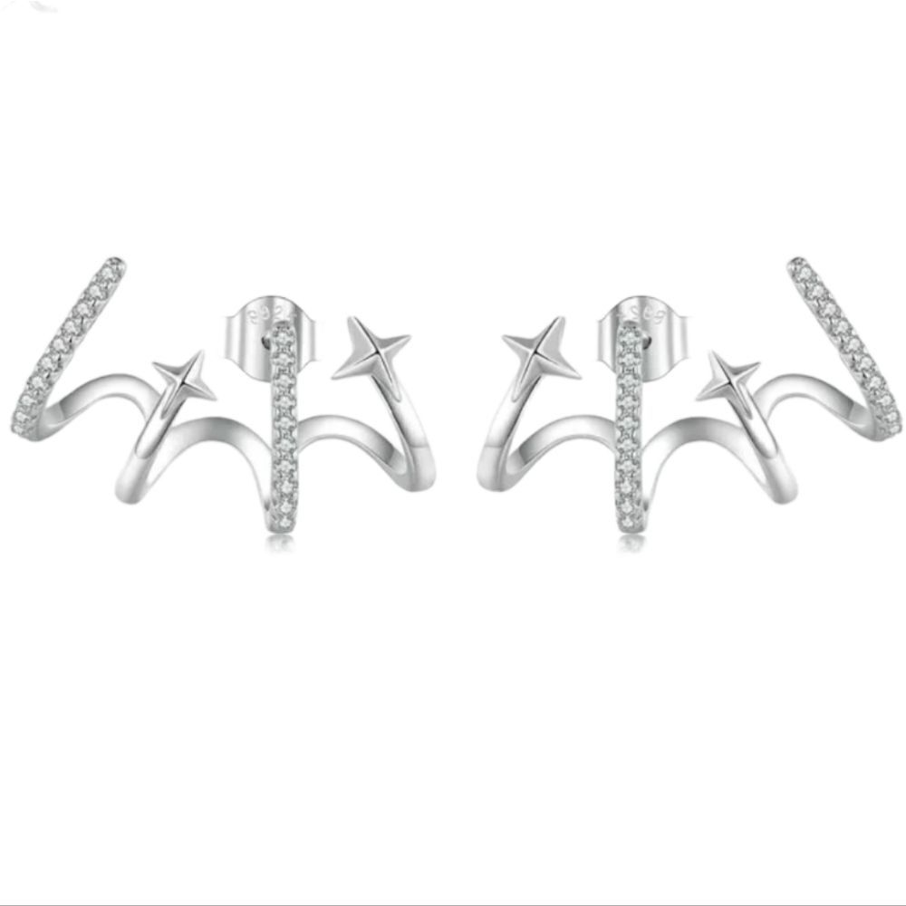 Platinum Plated Shooting Stars Earring Stud Cuff CZ